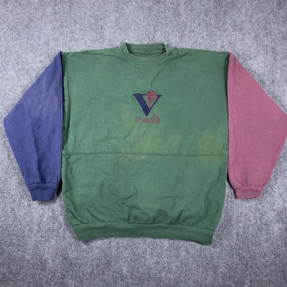 Vintage Vail Sweatshirt Mens XL Green Colorblock Embroidered 90s Retro